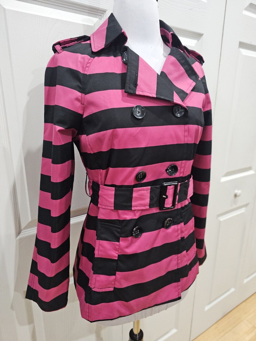 Cynthia Rowley Black Pink Striped Double Bressted Button Rain Jacket Coat Trench - Picture 3 of 16
